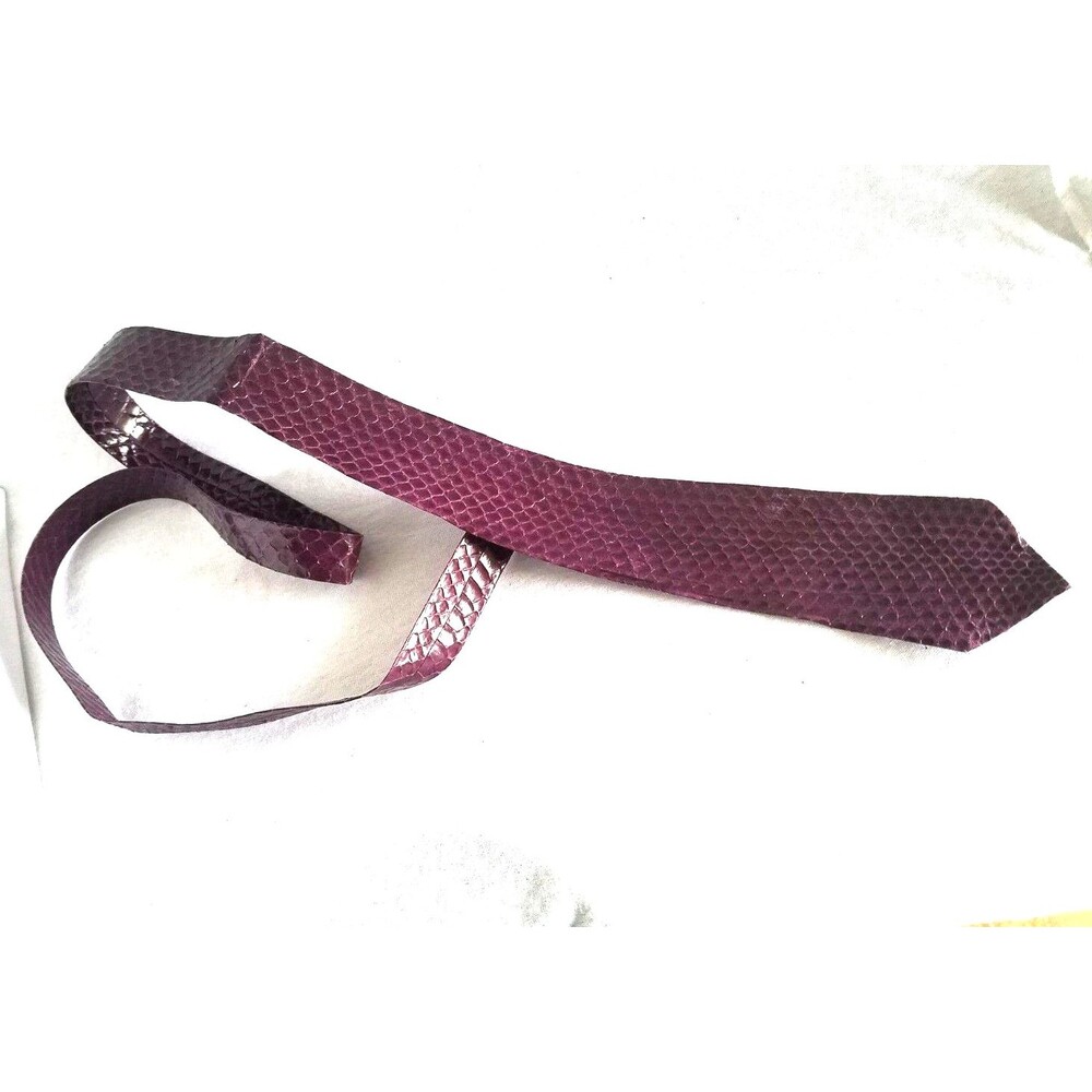 Vtg Genuine snakeskin leather skinny necktie Handmade 1980's 42" Kid sz Burgundy